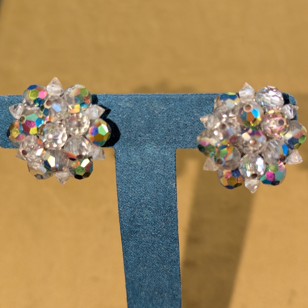 Laguna AB Crystal Cluster Clip On Vintage Earrings